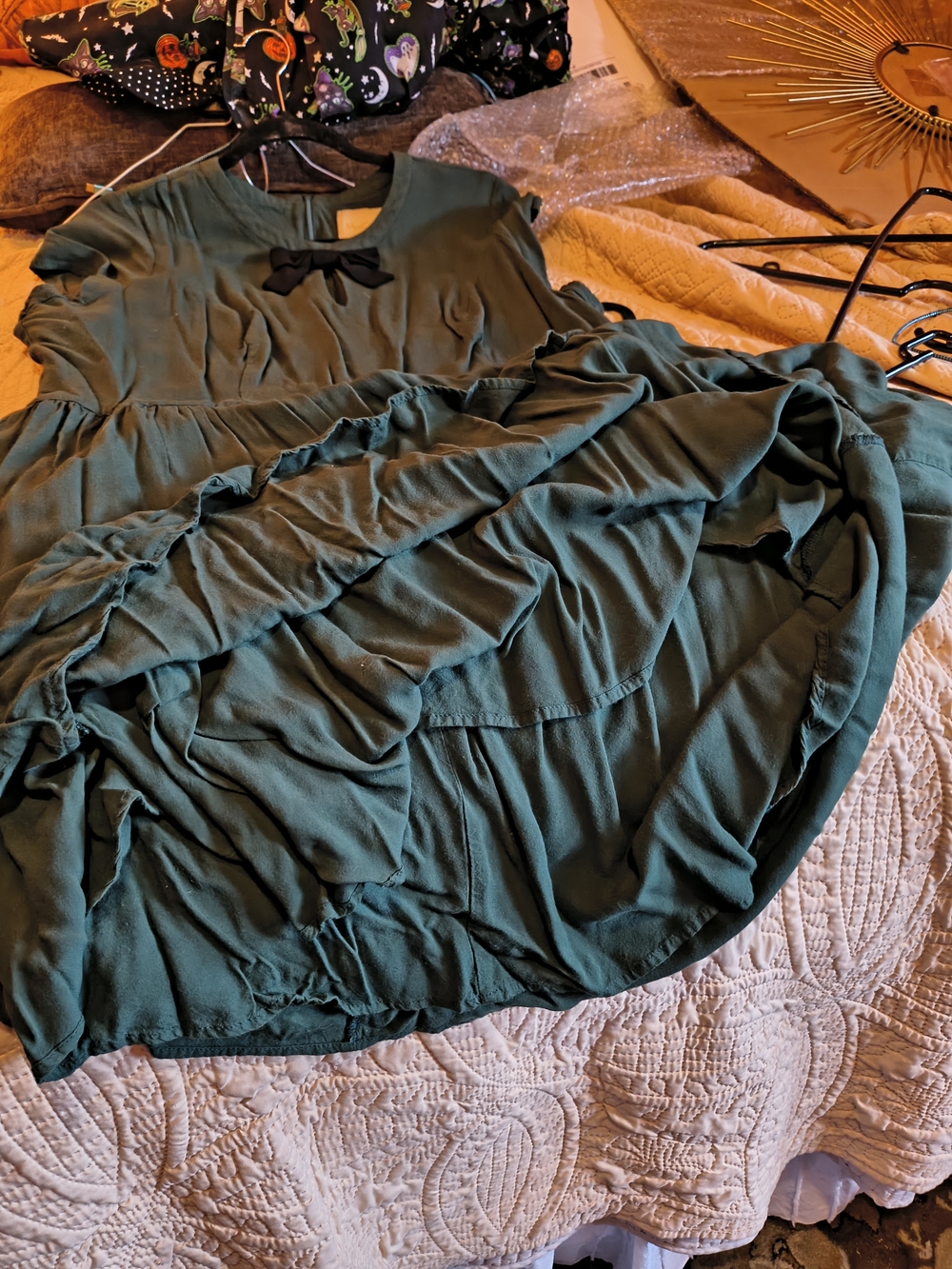Dark Green Pleated Bow-Accent Women's Dress - Picture 6 of 6